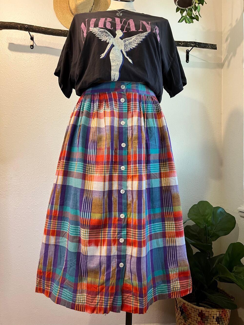 Vintage 100% Cotton Multi Colored Plaid Pleated Button Front Midi Skirt Size 26W
